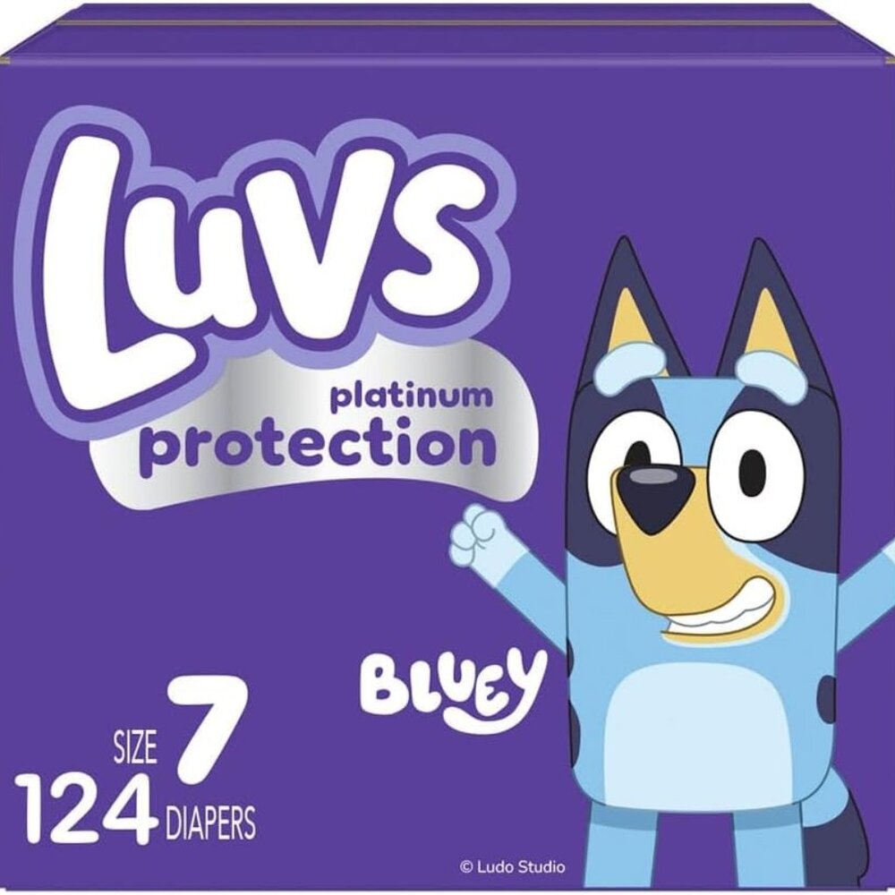 Luvs Size 7 Baby Diapers, Platinum Protection Bluey Diapers for Day & Night